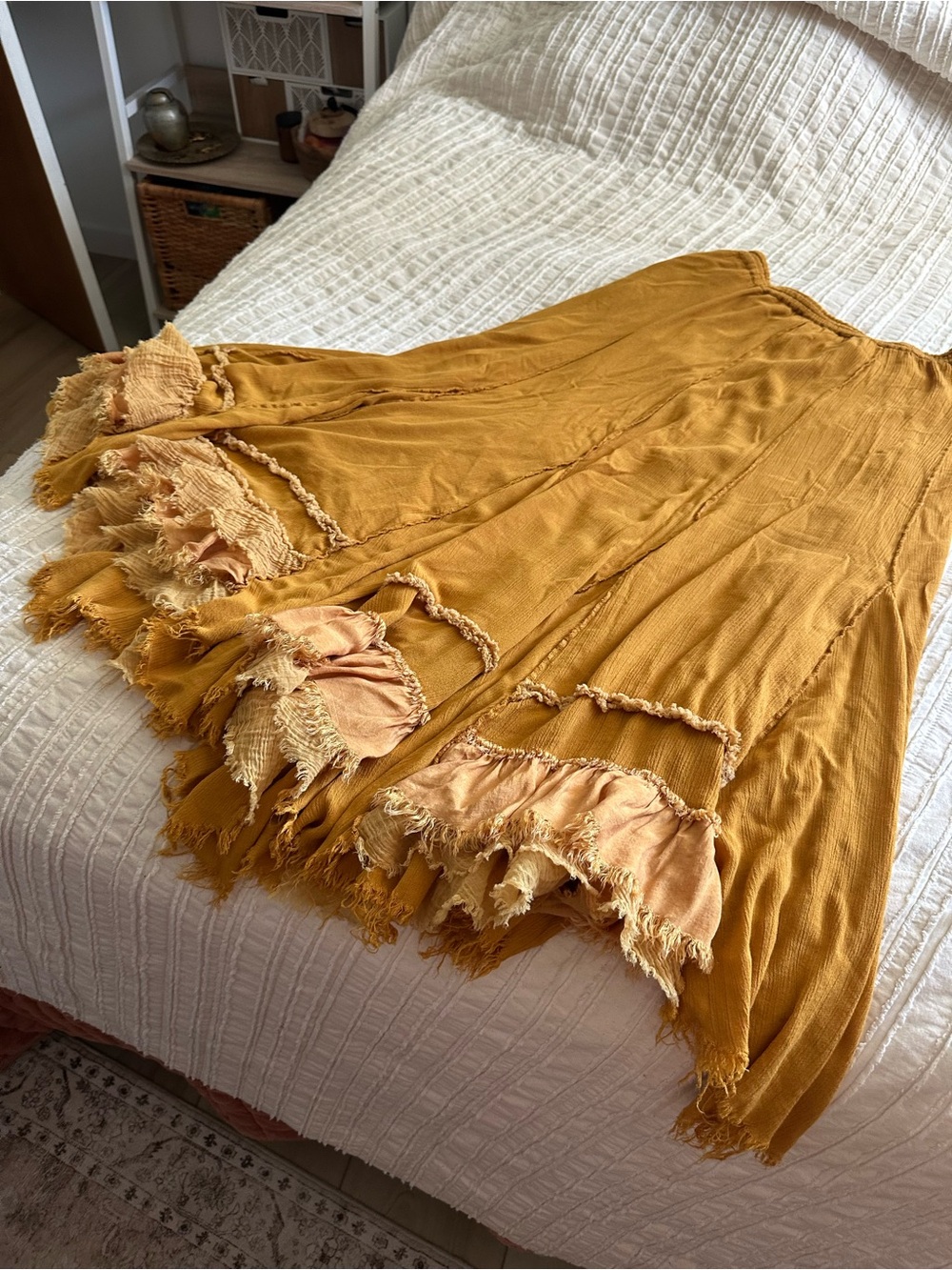 Free People Mustard Tiered Midi Skirt with Frayed Trim